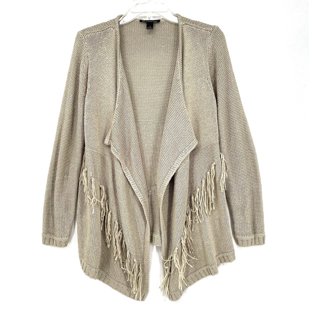 INC International Tan Fringe Trim Draped Open Front Cardigan Sweater Size M
